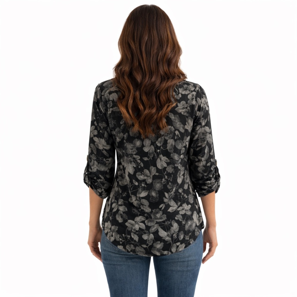 Blue Mood Black Gray Floral Zip V-Neck Blouse Roll Tab Sleeves Size Small - Picture 2 of 12
